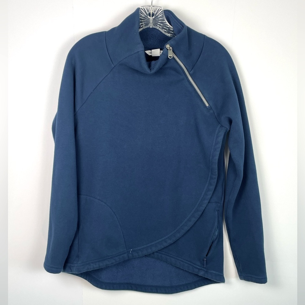 Athleta Cozy Karma Asym Zipper Navy Blue Fleece Pullover Sweatshirt Sz Small
